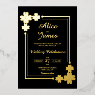 Invitation En Aluminium Cadre Trèfle Chanceux Élégant Mariage Noir et Or