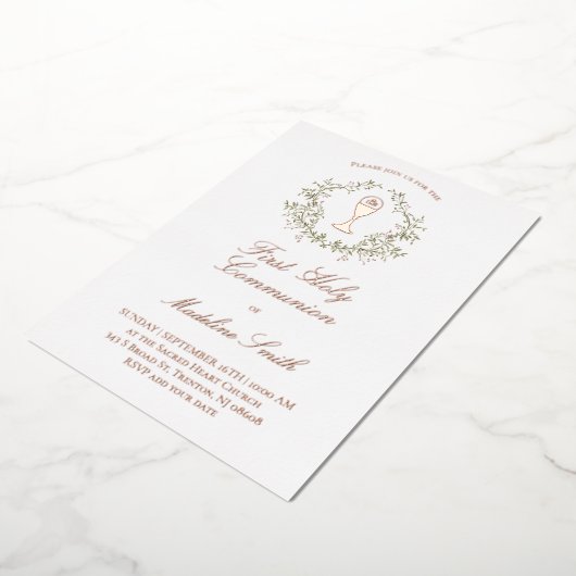 Invitation En Aluminium cadre verdoyant Première communion sainte (Rotation)