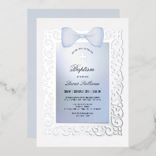 Invitation En Aluminium Cadre Vintage Baptême Nœud Bleu