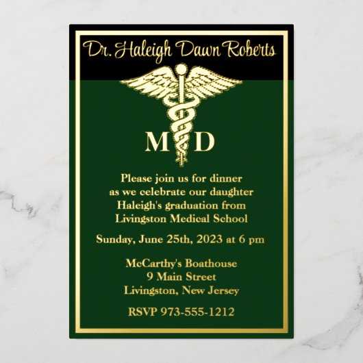Invitation En Aluminium Caduceus Médicale School Graduation Vert/Noir (Recto)