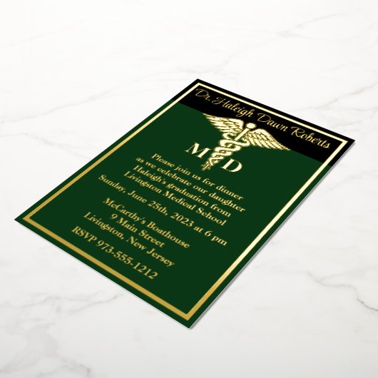Invitation En Aluminium Caduceus Médicale School Graduation Vert/Noir (Rotation)