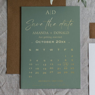 Invitation En Aluminium Calendrier de mariage à l'or vert sauge Enregistre