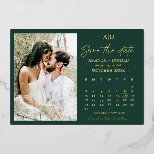 Invitation En Aluminium Calendrier Vert et Or Mariage Enregistrer la date (Recto)