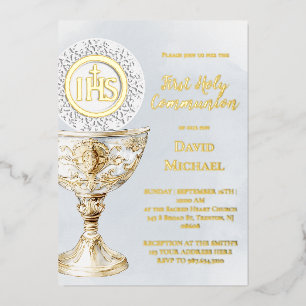 Invitation En Aluminium Calice hôte Première Sainte Communion aquarelle bl