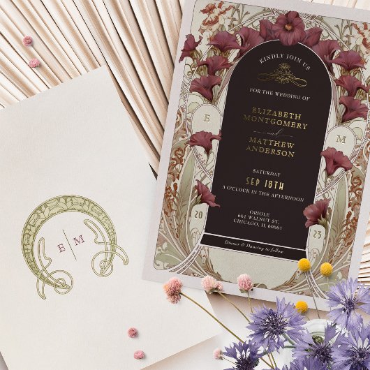 Invitation En Aluminium Calla Lily Noir Violet Art Nouveau Mariage Mucha