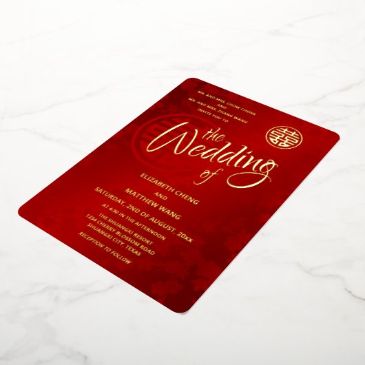 Invitation En Aluminium Calligraphie BILINGUE Rouge or Mariage chinois (Rotation)