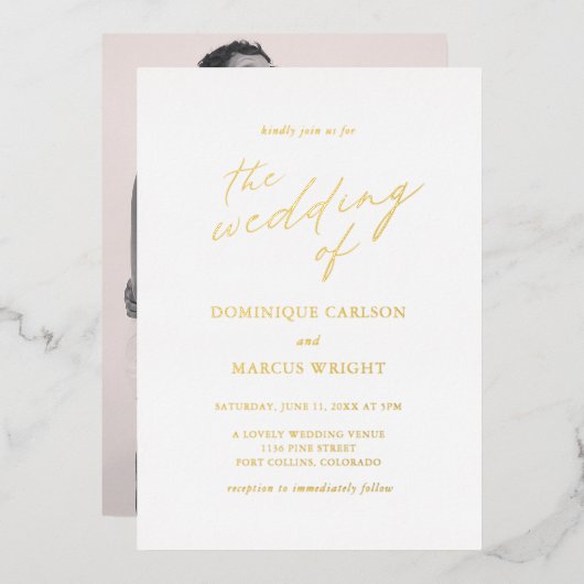 Invitation En Aluminium Calligraphie Chic Moderne Photo Mariage élégant (Recto/Verso)