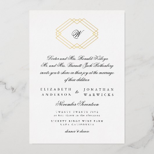 Invitation En Aluminium Calligraphie classique Monogramme Gold Déco Mariag (Devant)