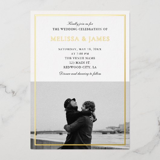 Invitation En Aluminium Calligraphie classique Photo Mariage blanc (Recto)