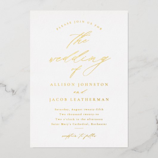 Invitation En Aluminium Calligraphie de mariage or simple script (Recto)