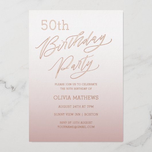 Invitation En Aluminium Calligraphie d'or Rose 5e anniversaire (Recto)