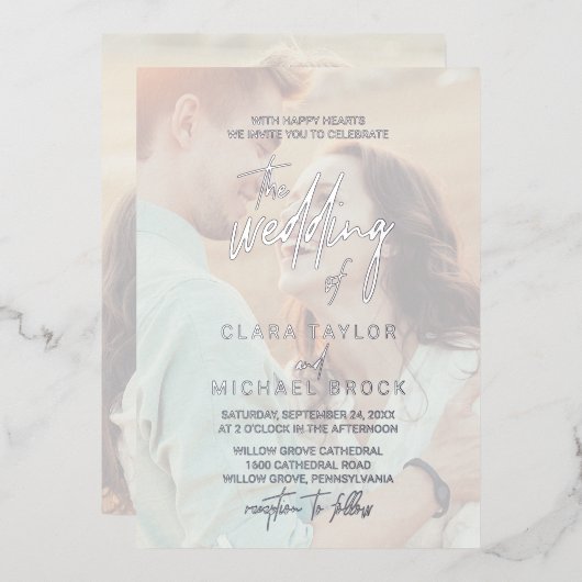 Invitation En Aluminium Calligraphie lunaire | Mariage photo Silver Foil (Recto/Verso)