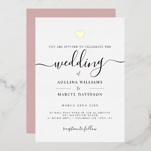 Invitation En Aluminium Calligraphie minimale moderne Mariage de coeur d'o (Recto/Verso)