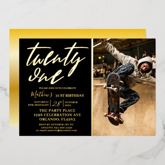 Invitation En Aluminium Calligraphie moderne Black & Gold 21'st Birthday (Recto/Verso)