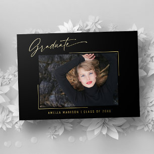 Invitation En Aluminium Calligraphie moderne Gold Ink Script Photo Grad Ca