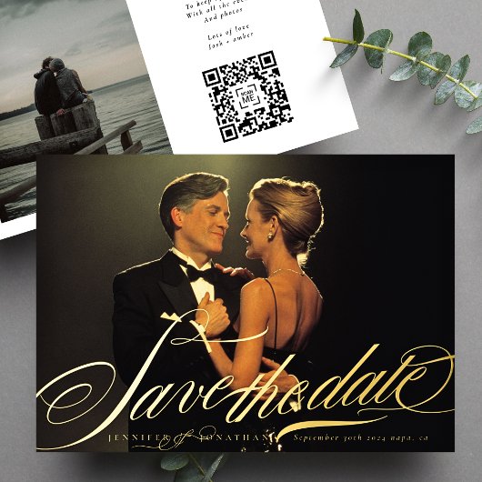 Invitation En Aluminium Calligraphie or Elegant Formelle QR Code Photo