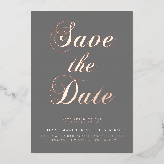 Invitation En Aluminium Calligraphie Or rose Enregistrer La Date (Recto)