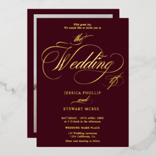 Invitation En Aluminium Calligraphie photo en Bourgogne rouge feuille d'or