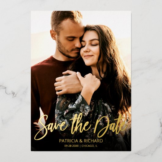 Invitation En Aluminium Calligraphie Photo Mariage Enregistrer La Date (Recto)