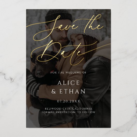 Invitation En Aluminium Calligraphie Photo Overlay Mariage Enregistrer La (Recto)