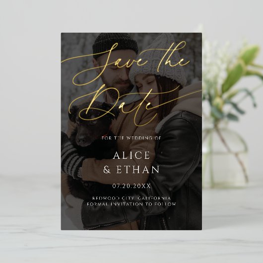 Invitation En Aluminium Calligraphie Photo Overlay Mariage Enregistrer La (Debout devant)