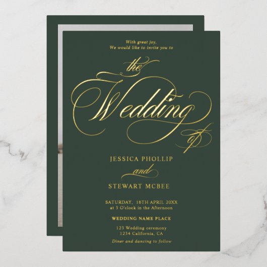 Invitation En Aluminium Calligraphie verte chic mariage or (Recto/Verso)