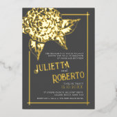 Invitation En Aluminium Camélia encrée mariage brun et or (Recto)