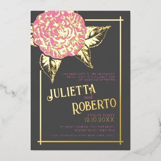 Invitation En Aluminium Camélia encrée mariage rose brun et or (Recto)