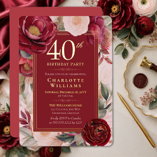 Invitation En Aluminium Camélia Floral Rouge Élégant 40e Anniversaire Or