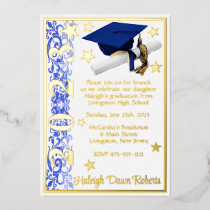 Invitation En Aluminium Cap, Diplôme et Étoiles, Bleu, Blanc, Remise de di