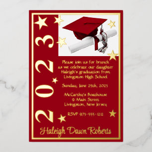 Invitation En Aluminium Cap, Diplôme et Étoiles, Diplômé Rouge et Or