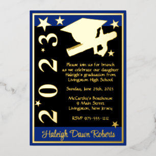 Invitation En Aluminium Cap, Diplôme, & Étoiles, Bleu Royal, Noir, & Or