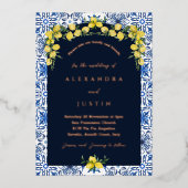 Invitation En Aluminium Carrelage bleu Citron italien Mariage méditerranée (Recto)