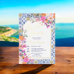 Invitation En Aluminium Carrelage bleu italien aquarelle fleurie douche nu
