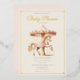 Invitation En Aluminium Carrousel Élégant Rose Cheval Vintage Baby Shower