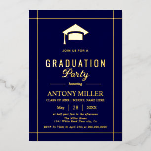 Invitation En Aluminium Casquette de graduation or Classe 2026 bleu marine