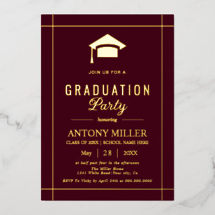 Invitation En Aluminium Casquette de graduation or Classe 2026 bordeaux