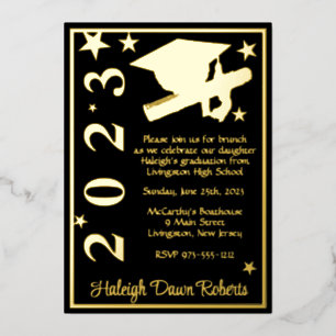 Invitation En Aluminium Casquette, Diplôme, Étoiles Black & Gold Graduatio
