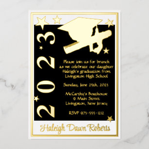 Invitation En Aluminium Casquette, Diplôme & Étoiles, Blanc, Noir & Or