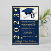 Invitation En Aluminium Casquette, Diplôme & Étoiles, Bleu foncé & Or Grad (Debout devant)