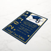 Invitation En Aluminium Casquette, Diplôme & Étoiles, Bleu foncé & Or Grad (Rotation)