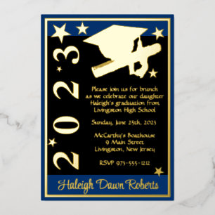 Invitation En Aluminium Casquette, Diplôme & Etoiles, Bleu, Noir & Or