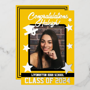 Invitation En Aluminium Casquette, Diplôme & Étoiles, Gold & Black Graduat