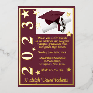 Invitation En Aluminium Casquette, Diplôme & Étoiles, Maron & White Gradua