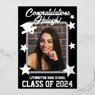 Invitation En Aluminium Casquette, Diplôme & Étoiles, Noir & Argent