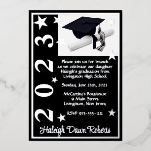 Invitation En Aluminium Casquette, Diplôme & Étoiles, Noir & Argent Gradua