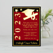 Invitation En Aluminium Casquette, Diplôme & Étoiles, Rouge, Noir & Or (Debout devant)