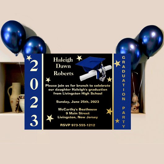Invitation En Aluminium Casquette, Diplôme & Etoiles, Royal Blue, Black & 
