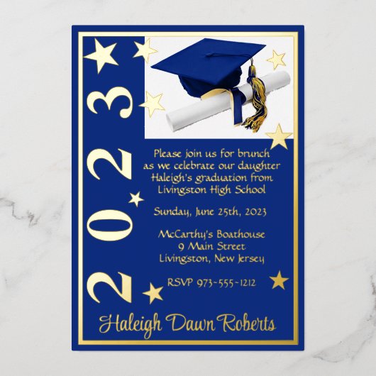 Invitation En Aluminium Casquette, Diplôme & Étoiles, Royal Blue & Gold Gr (Recto)