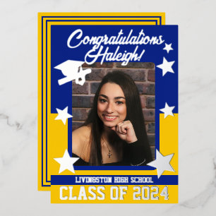 Invitation En Aluminium Casquette, Diplôme, Étoiles, Royal Blue & Gold Gra